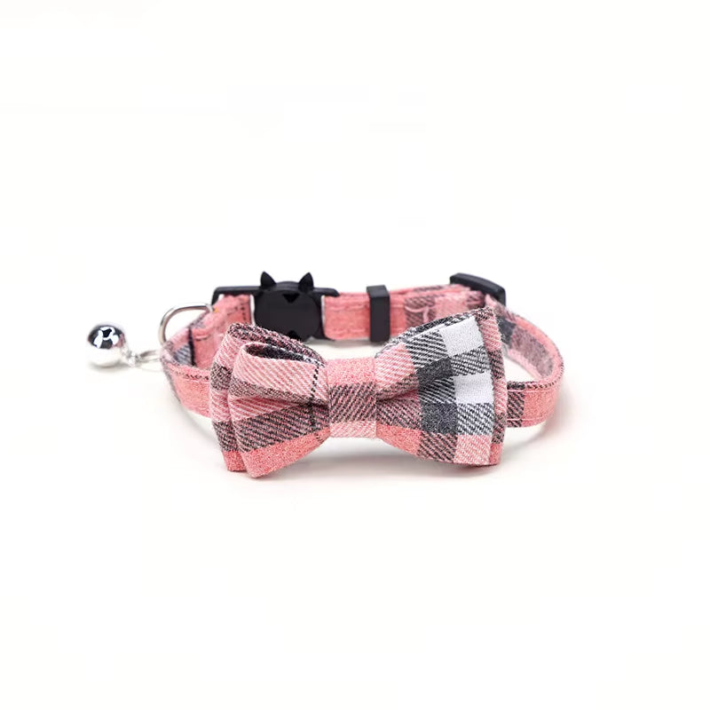 Pet Breakaway Cat Collar Bow Tie and Bell Cute Plaid Christmas Red Elastic Adjustable Dog Collar with Sash Small Bell for Cats