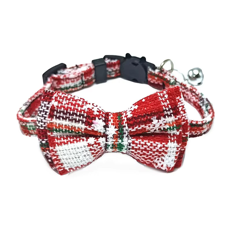 Pet Breakaway Cat Collar Bow Tie and Bell Cute Plaid Christmas Red Elastic Adjustable Dog Collar with Sash Small Bell for Cats