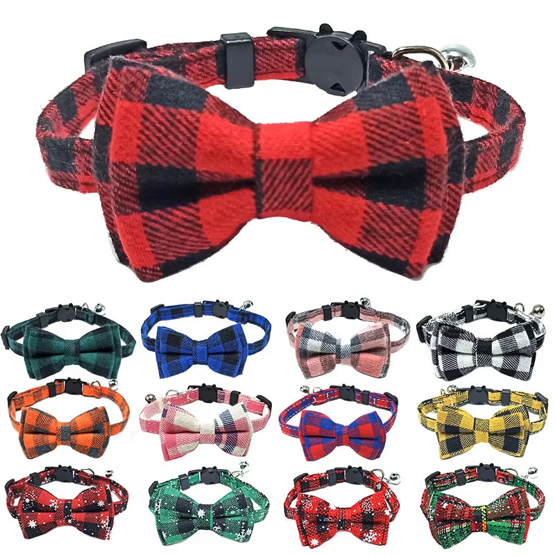 Pet Breakaway Cat Collar Bow Tie and Bell Cute Plaid Christmas Red Elastic Adjustable Dog Collar with Sash Small Bell for Cats