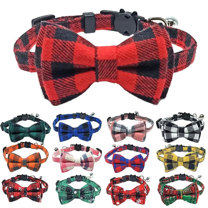 Pet Breakaway Cat Collar Bow Tie and Bell Cute Plaid Christmas Red Elastic Adjustable Dog Collar with Sash Small Bell for Cats