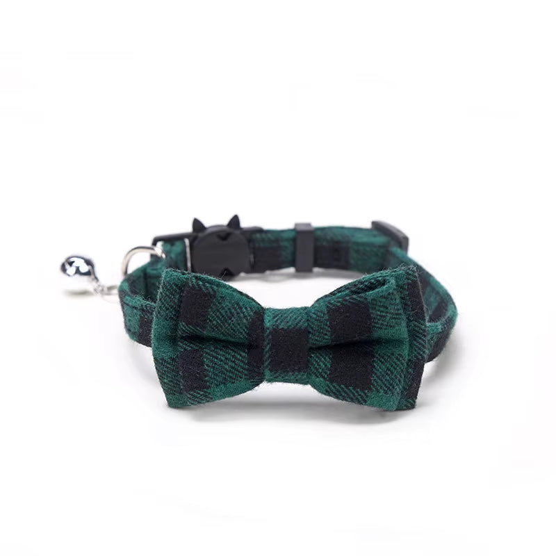 Pet Breakaway Cat Collar Bow Tie and Bell Cute Plaid Christmas Red Elastic Adjustable Dog Collar with Sash Small Bell for Cats
