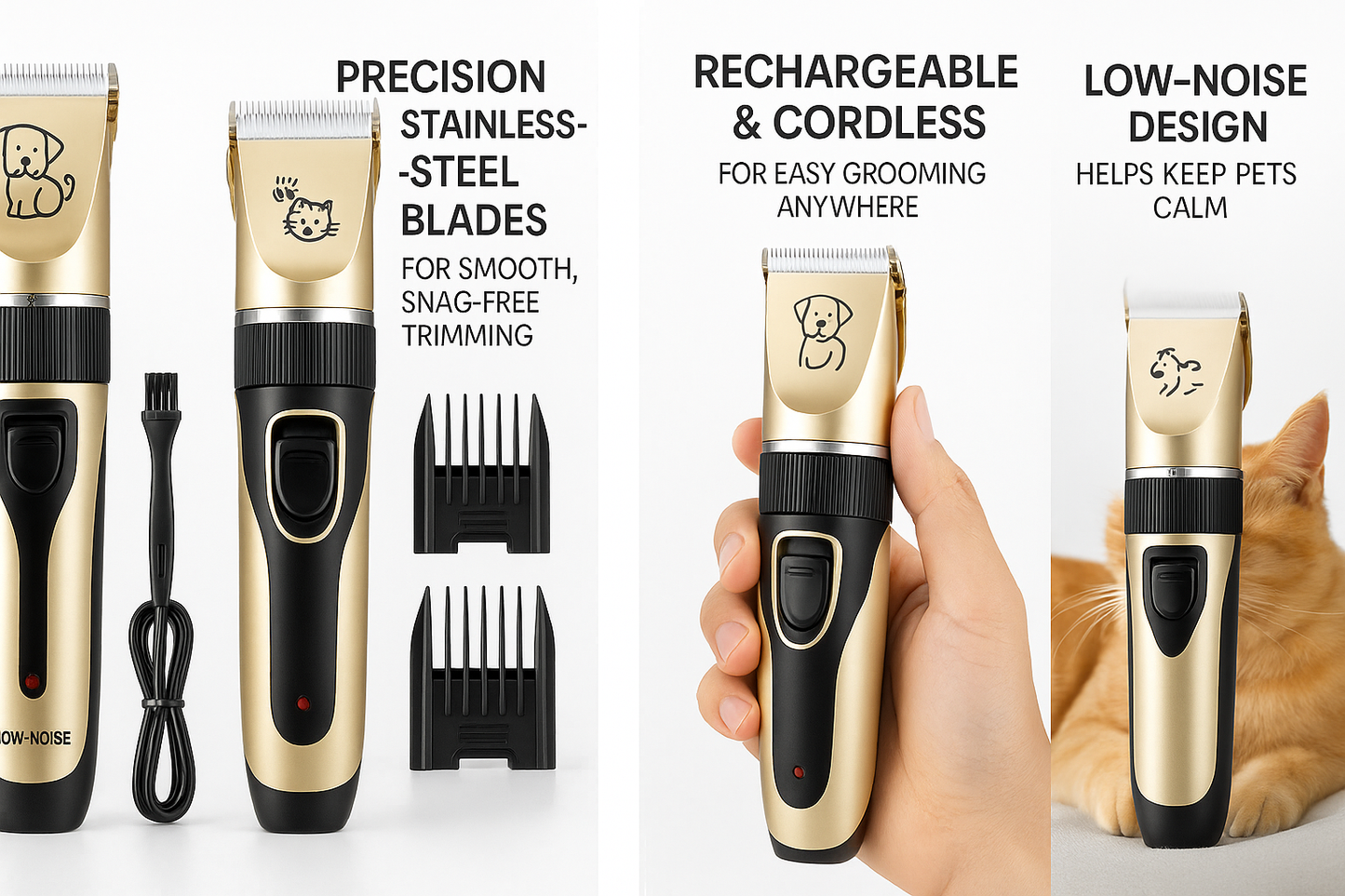 Low-Noise Rechargeable Pet Grooming Clipper Kit for Dogs & Cats (4 Guide Combs)