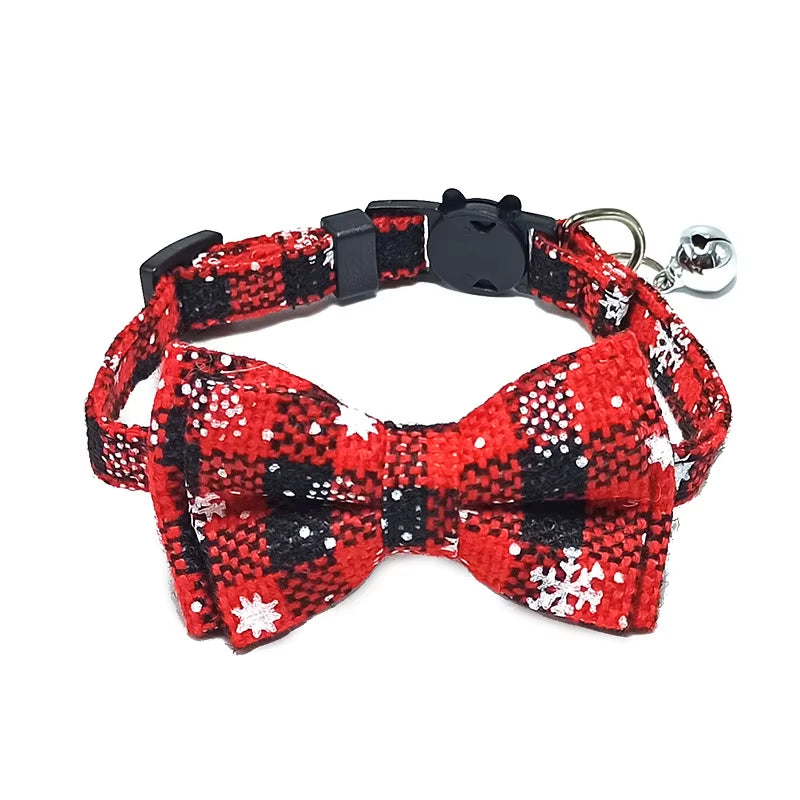Pet Breakaway Cat Collar Bow Tie and Bell Cute Plaid Christmas Red Elastic Adjustable Dog Collar with Sash Small Bell for Cats