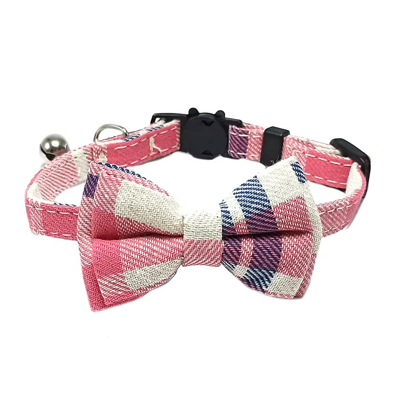 Pet Breakaway Cat Collar Bow Tie and Bell Cute Plaid Christmas Red Elastic Adjustable Dog Collar with Sash Small Bell for Cats