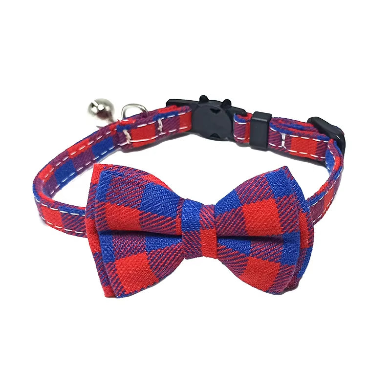 Pet Breakaway Cat Collar Bow Tie and Bell Cute Plaid Christmas Red Elastic Adjustable Dog Collar with Sash Small Bell for Cats