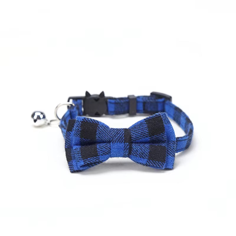 Pet Breakaway Cat Collar Bow Tie and Bell Cute Plaid Christmas Red Elastic Adjustable Dog Collar with Sash Small Bell for Cats